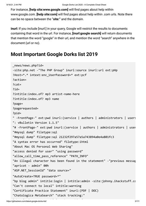Latest Google Dorks List .